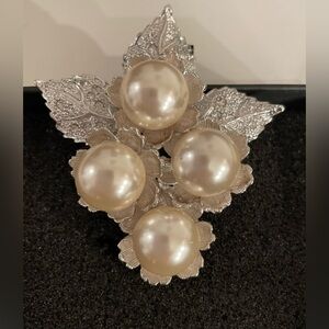 Vintage Silver tone with crystals and Faux Pearl Brooch